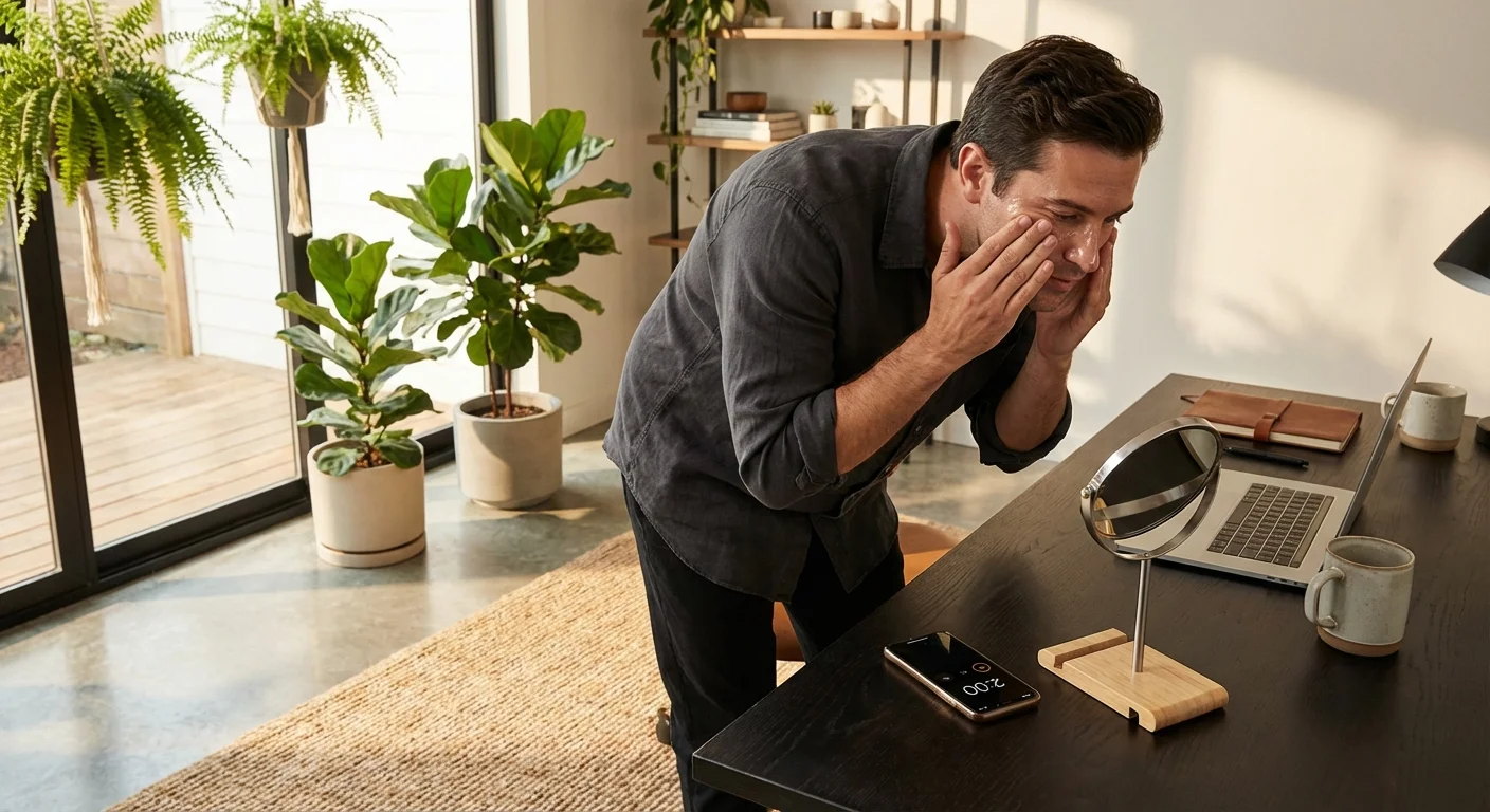 man massaging oil cleanser on face in bathroom mirror with timer visible on phone