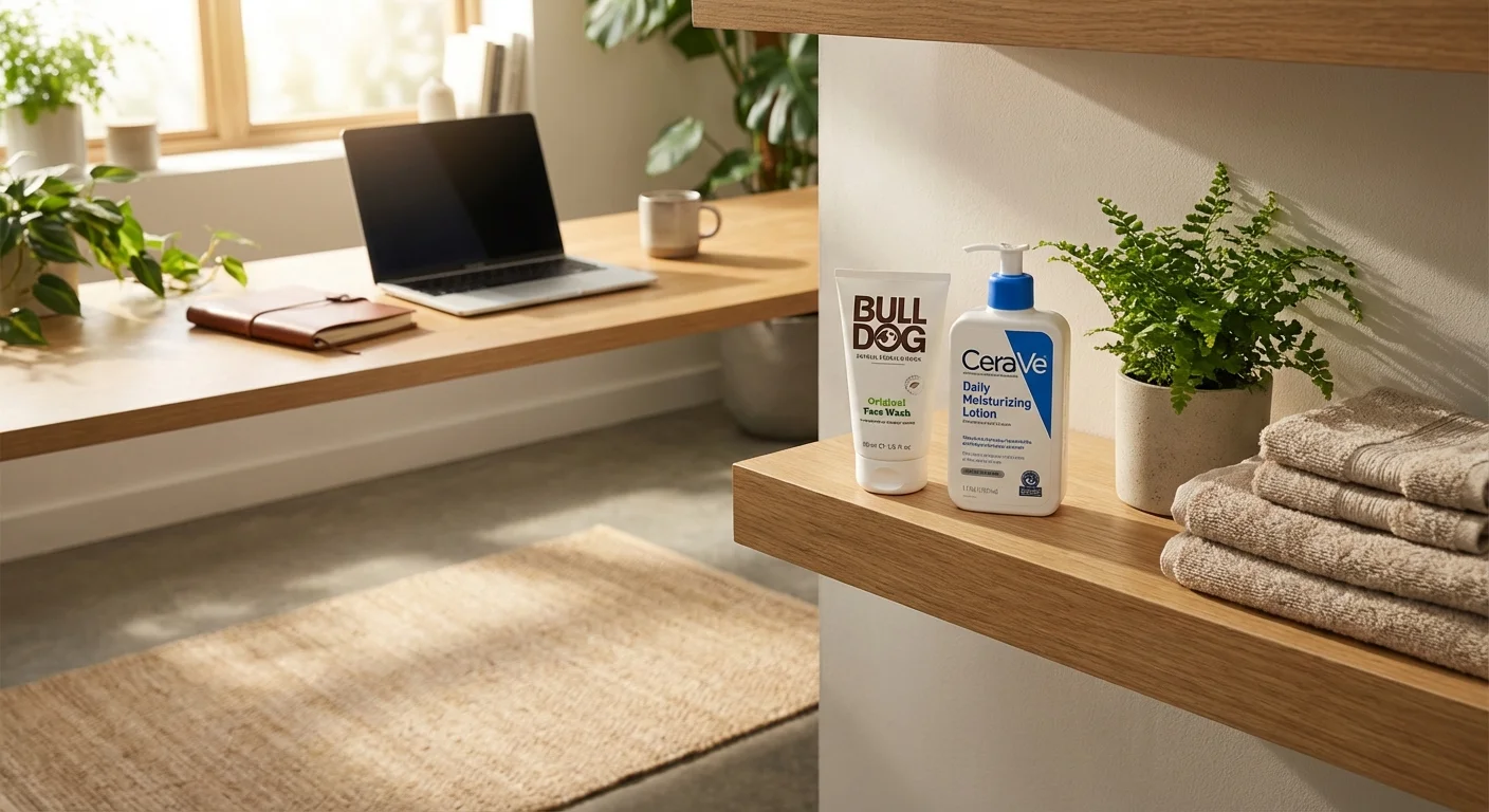 Bulldog Original Face Wash and CeraVe moisturizer on shelf in modern men's bathroom