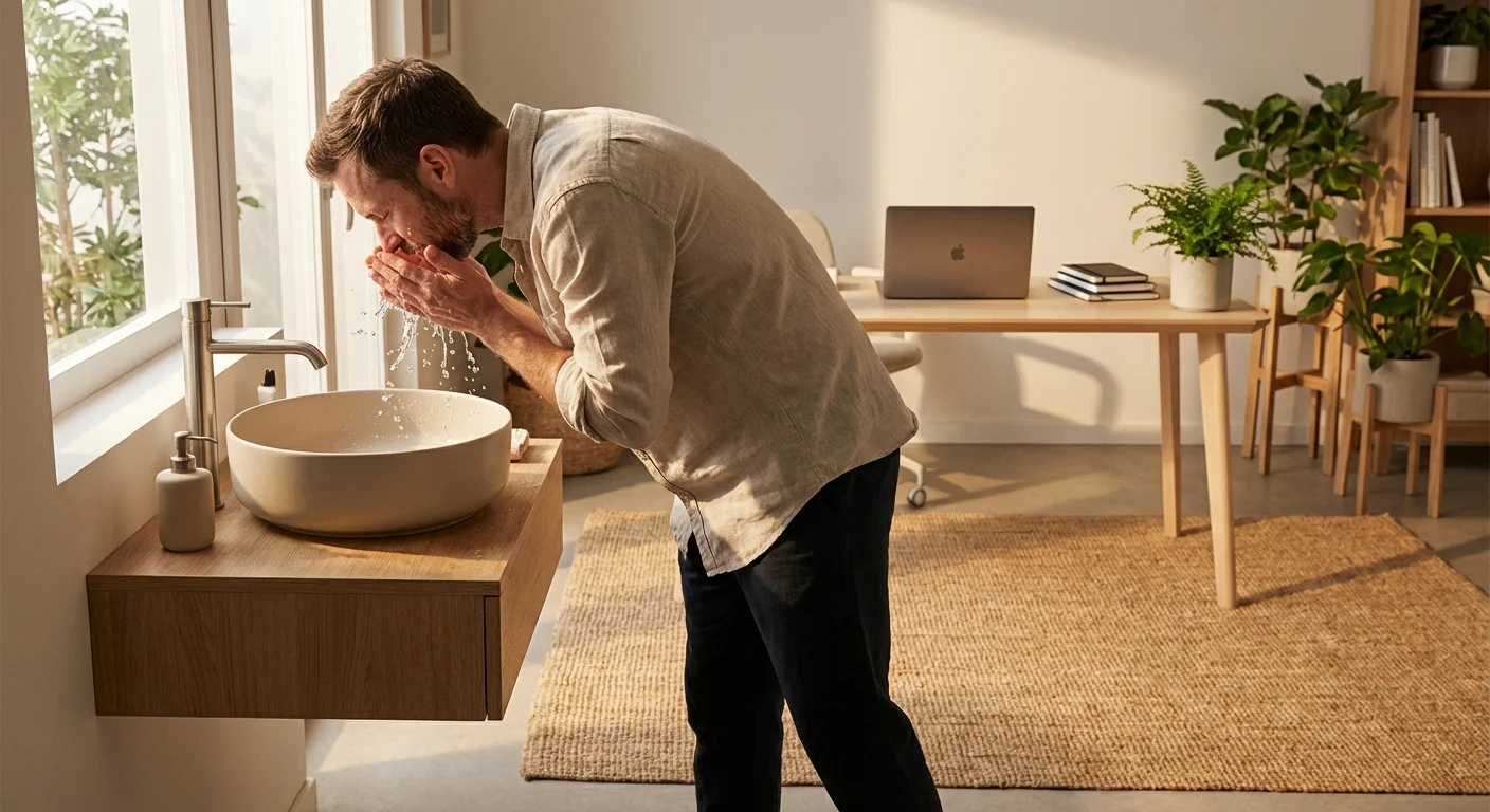 man rinsing face with water at bathroom sink showing proper splashing technique