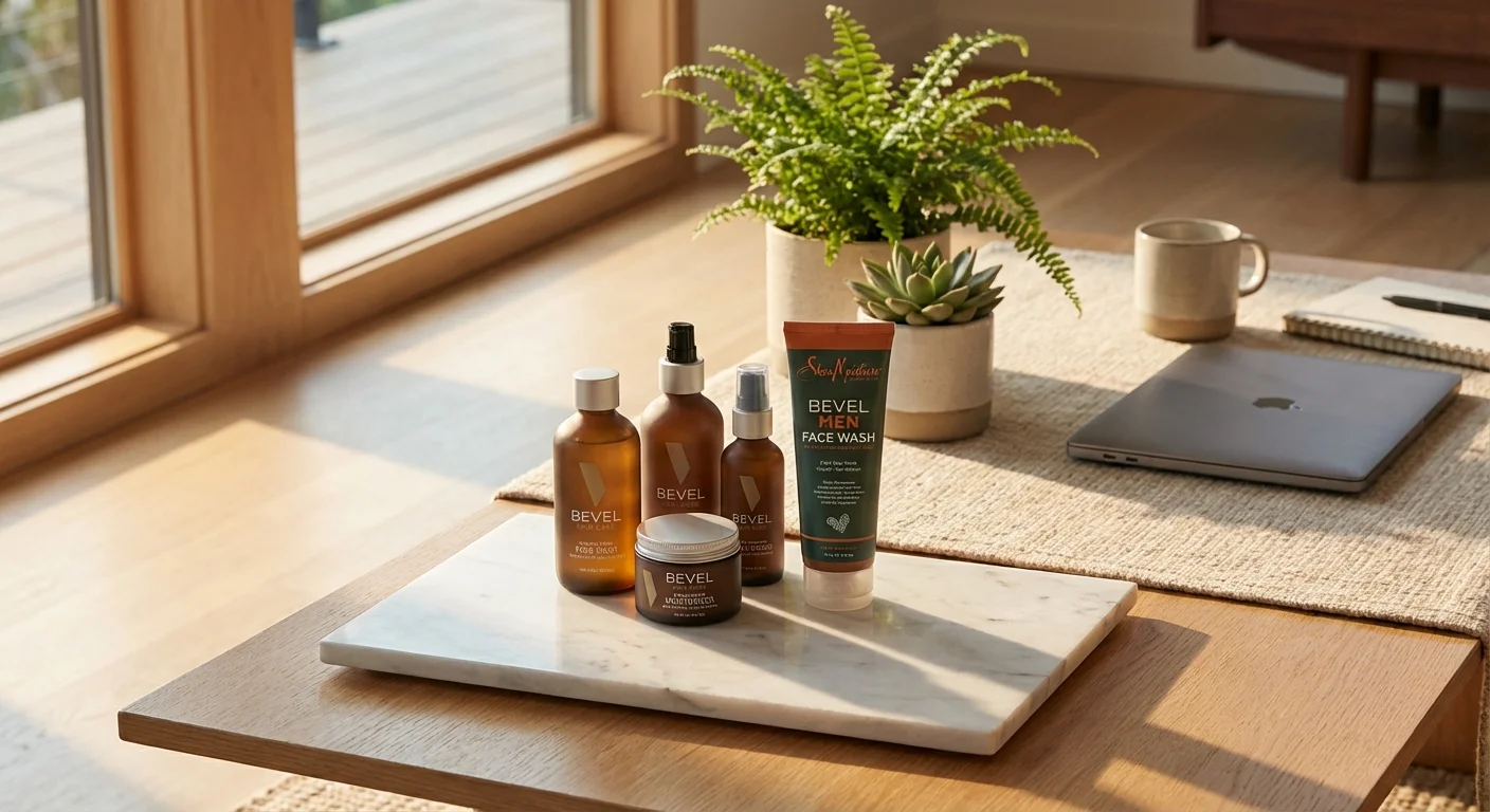Bevel skin care products and SheaMoisture Men face wash on marble bathroom counter