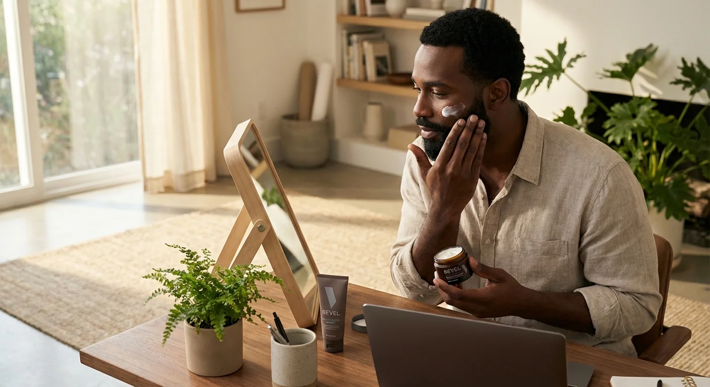 Bevel face moisturizer with SPF being applied by Black man in bathroom mirror
