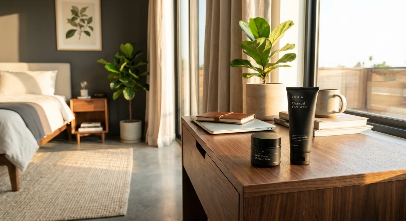 Lumin Dark Circle Defense Balm and charcoal face wash on nightstand in modern bedroom