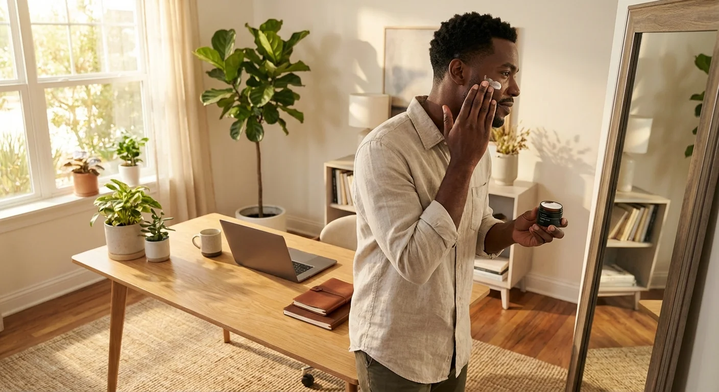 Black man applying Lumin moisturizing balm to his face in well-lit bathroom setting