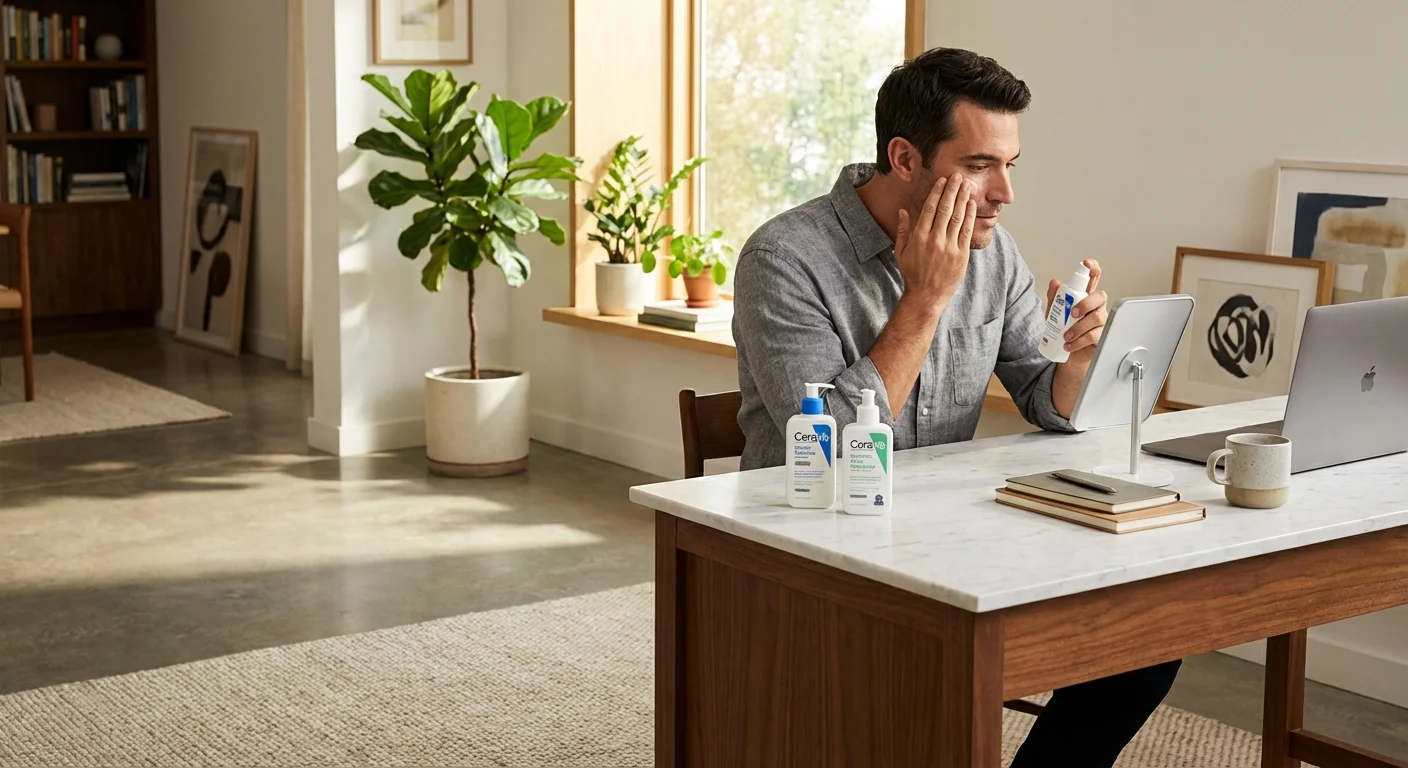 man applying moisturizer to face in modern bathroom with clean white countertop and CeraVe bottles in background