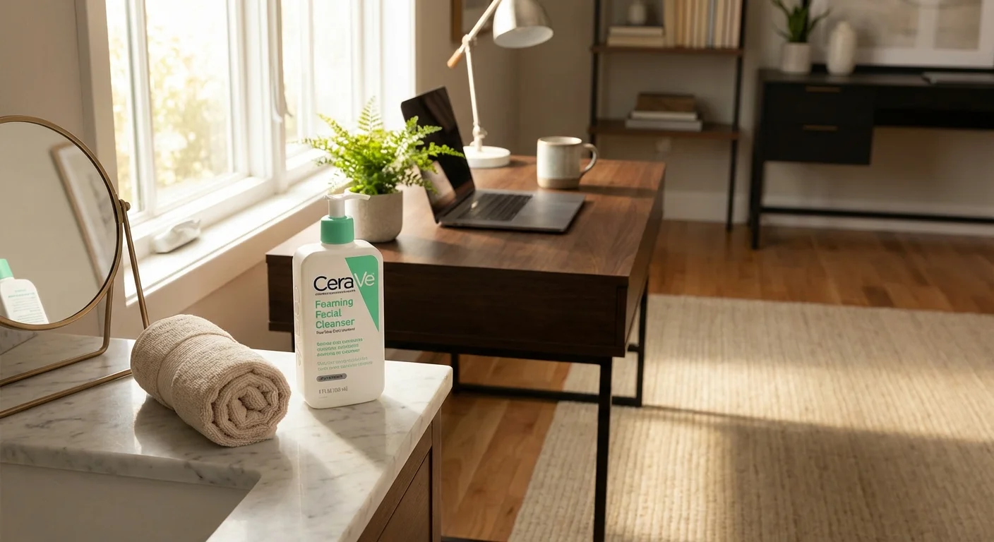 CeraVe Foaming Facial Cleanser bottle on white marble bathroom counter with towel and mirror in background