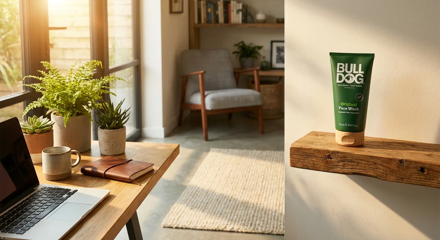 Bulldog Original Face Wash green tube on wooden shelf in modern men's bathroom with plants