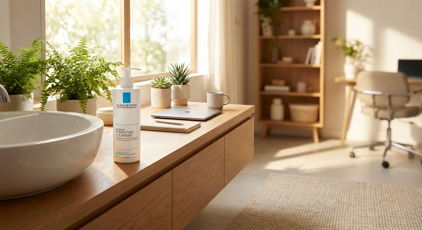 La Roche-Posay Toleriane Hydrating Cleanser white bottle in bright bathroom next to sink with natural light