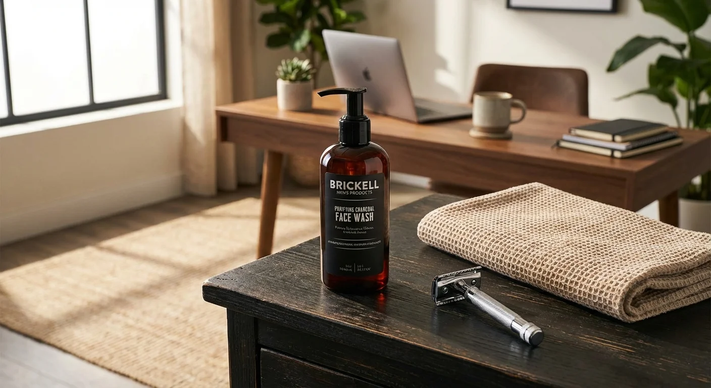 Brickell Purifying Charcoal Face Wash pump bottle on dark wood vanity with razor and towel nearby