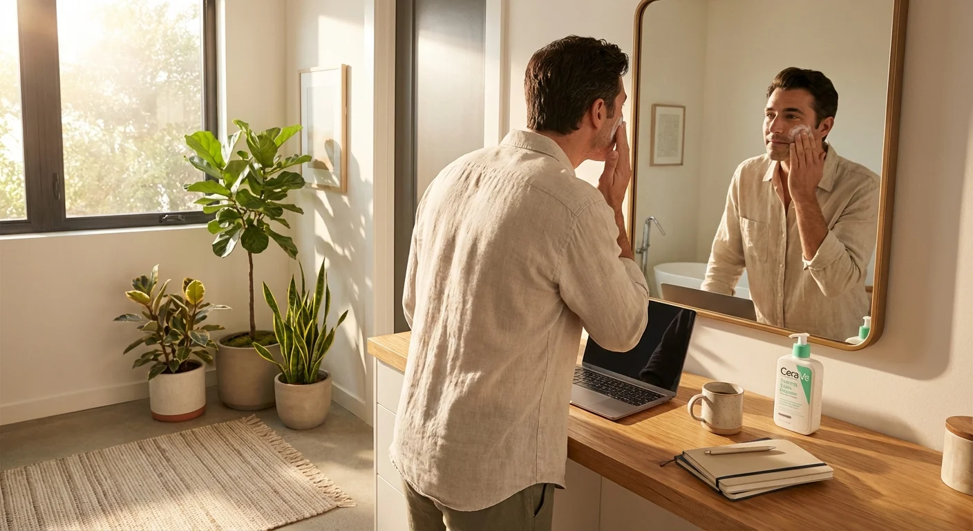 man applying CeraVe Foaming Facial Cleanser to face in well-lit bathroom mirror in morning