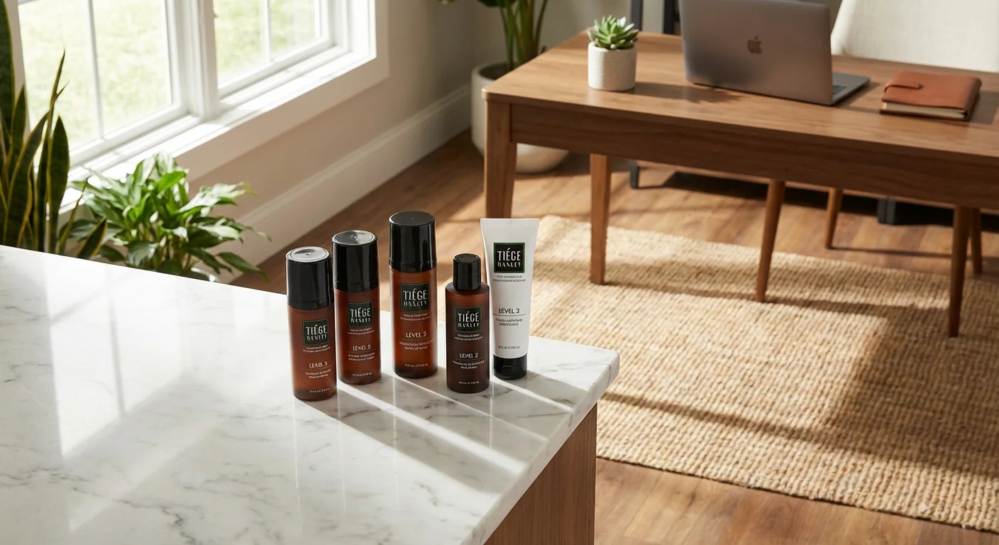 Tiege Hanley Level 2 skincare set for men arranged on marble bathroom counter