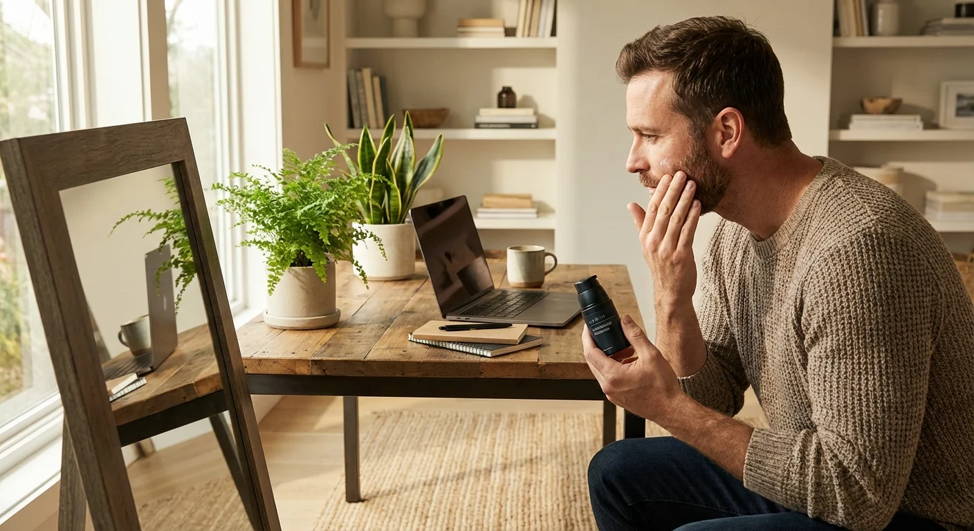 man in his 30s applying Lumin skincare moisturizer in modern bathroom mirror