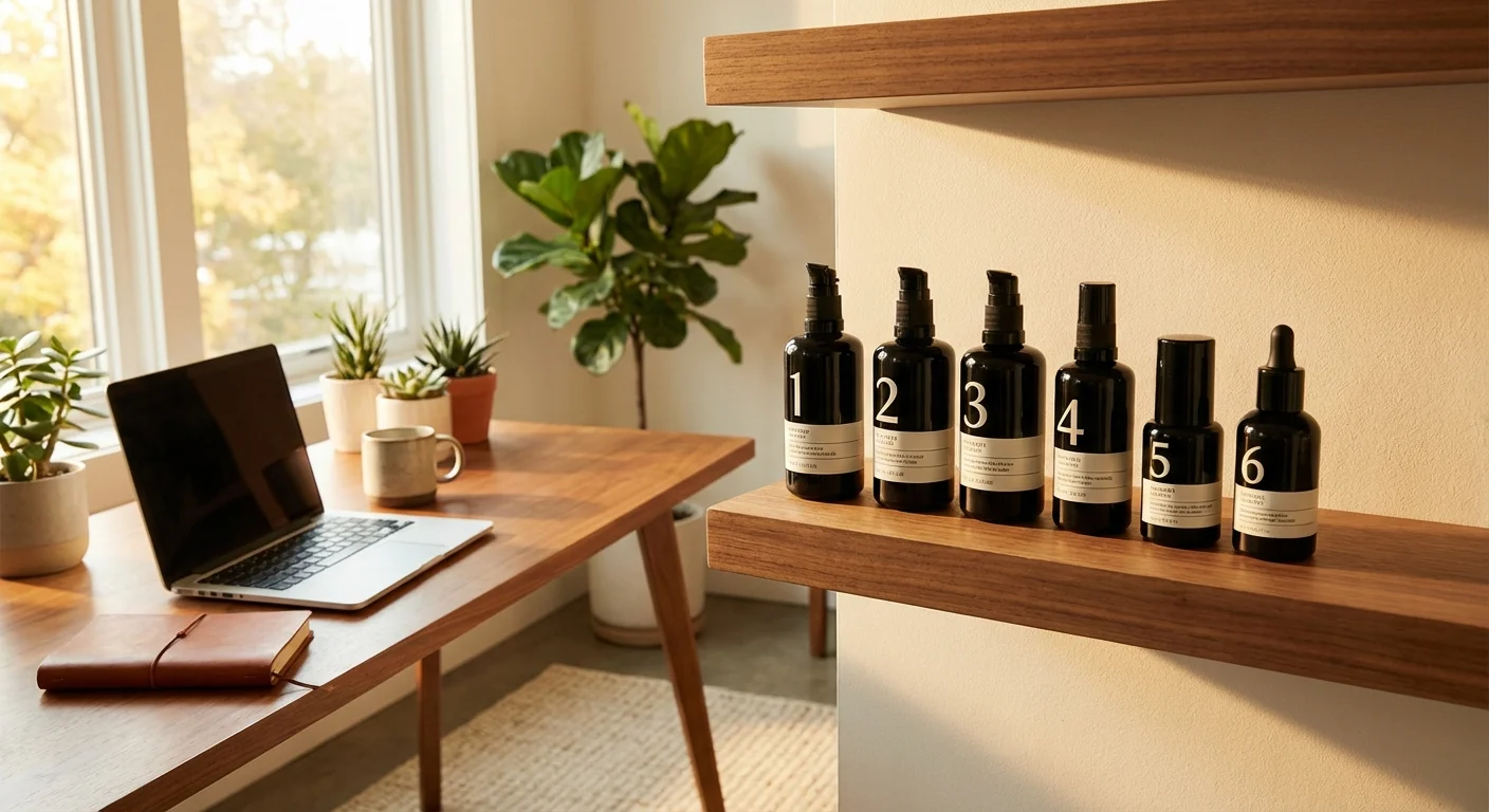 Tiege Hanley Level 2 skincare products numbered 1 through 6 on wooden bathroom shelf