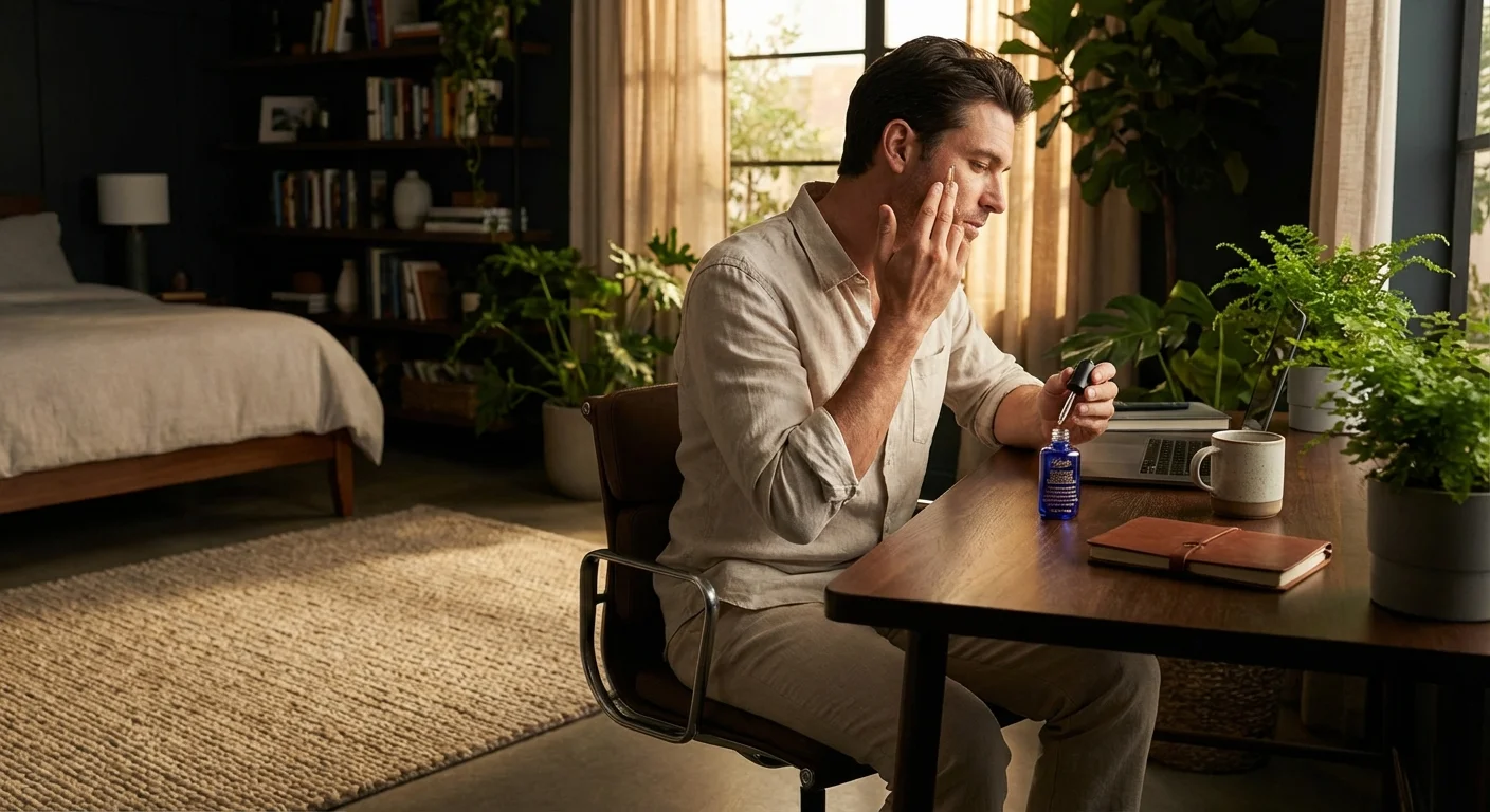 man applying Kiehl's Midnight Recovery serum on face before bed in dimly lit bedroom