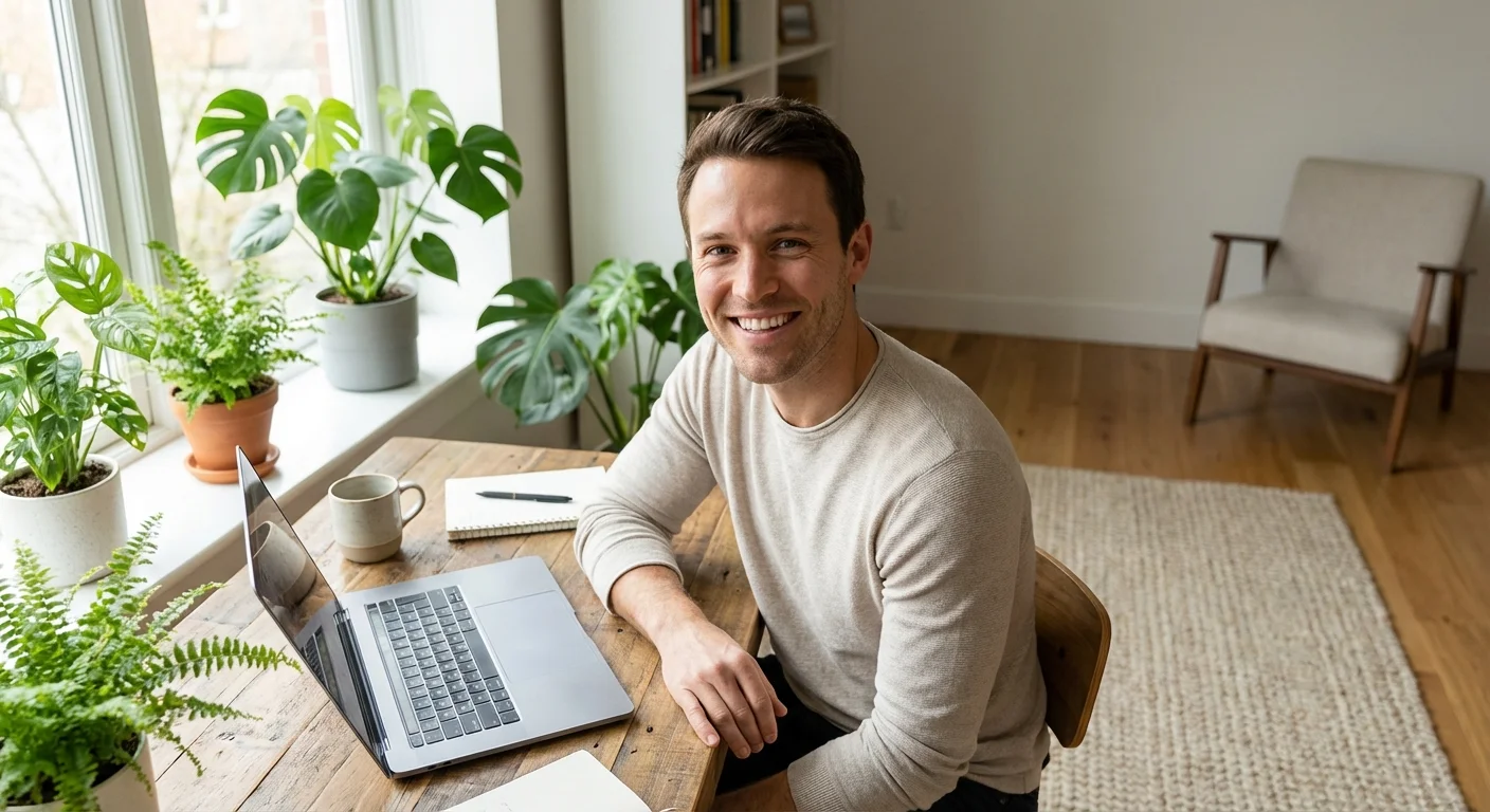 close-up of man with clear healthy skin smiling in natural daylight near window