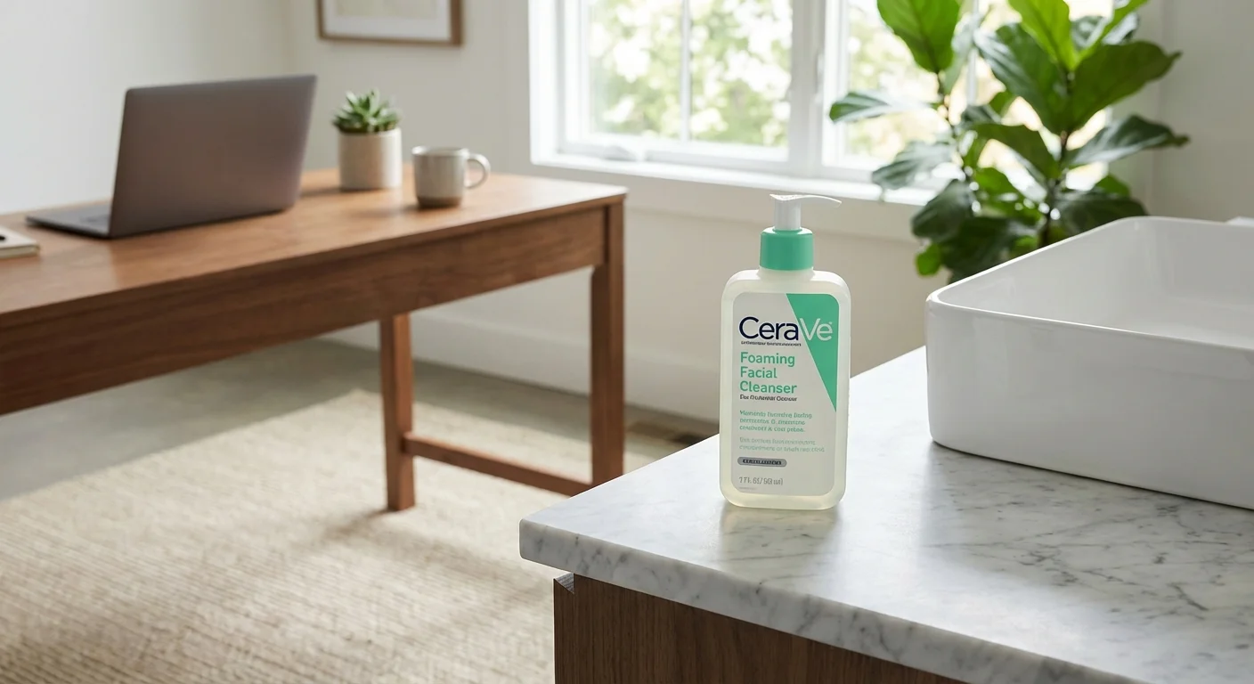 CeraVe Foaming Facial Cleanser bottle on marble bathroom countertop next to a white sink