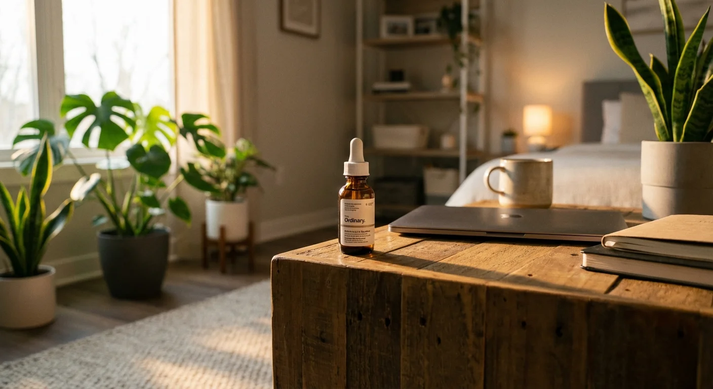 The Ordinary Retinol 0.5% in Squalane dropper bottle on a wooden nightstand in a dimly lit bedroom