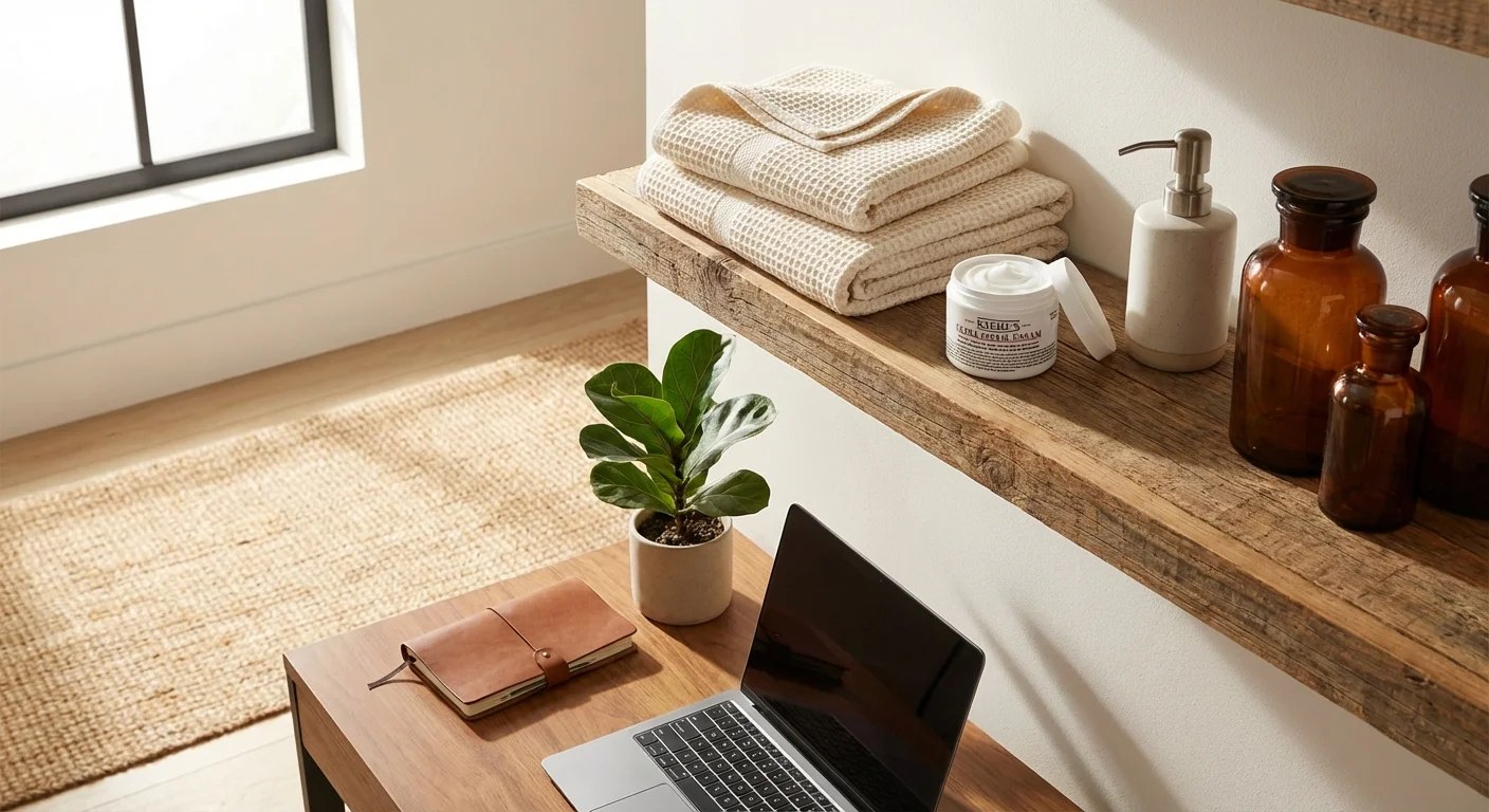 Kiehl's Ultra Facial Cream jar open on a modern bathroom shelf with towels and grooming products