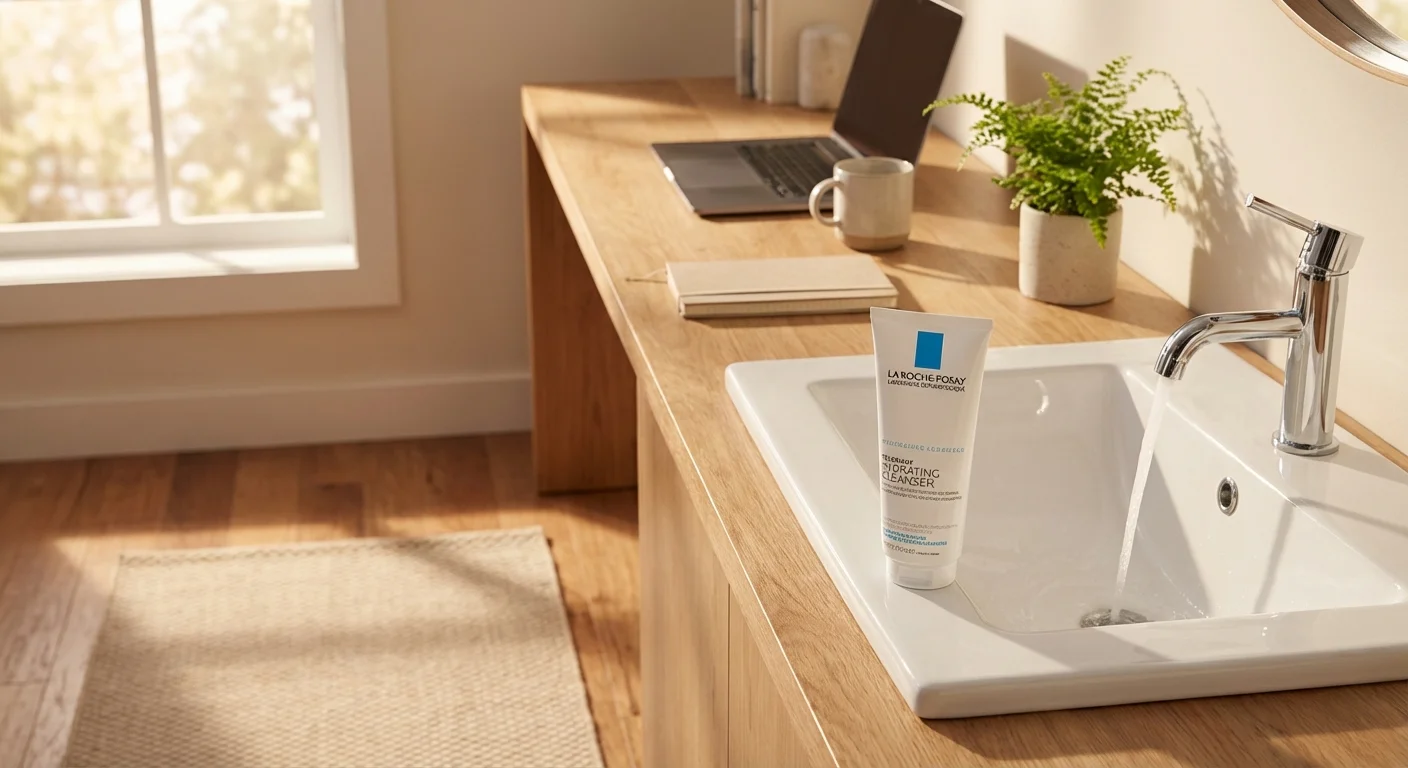 La Roche-Posay Toleriane Hydrating Cleanser tube next to a running faucet in a clean white bathroom