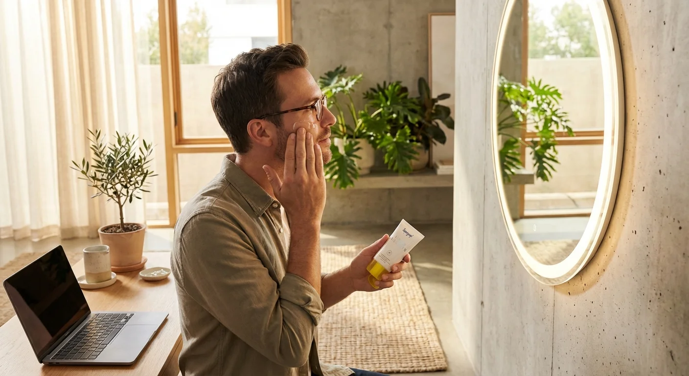 Man in his 30s applying Supergoop Unseen Sunscreen to his face in a bright modern bathroom mirror