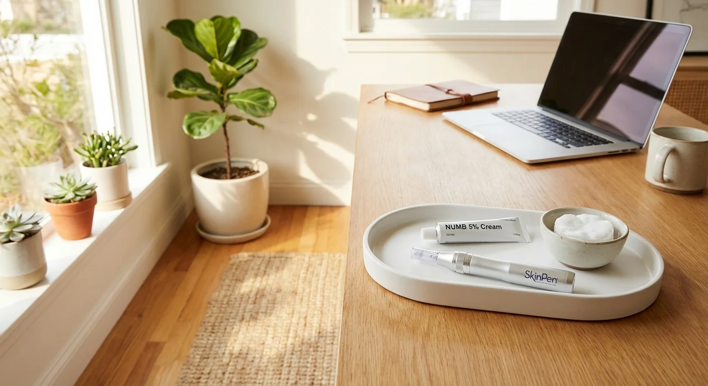 SkinPen microneedling device next to numbing cream on a clean dermatology clinic tray