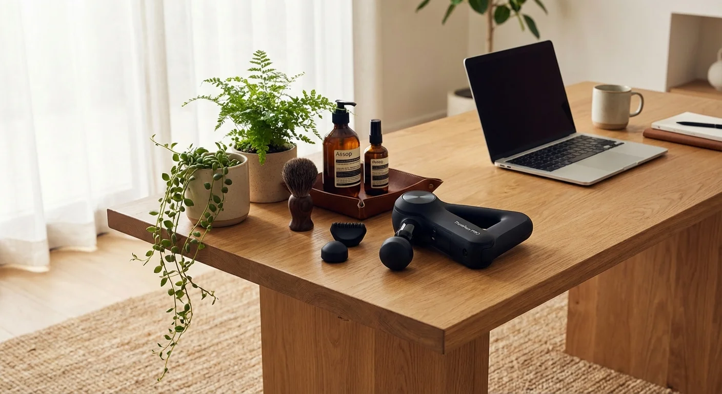 Therabody TheraFace PRO device on a bathroom counter next to a man's grooming products