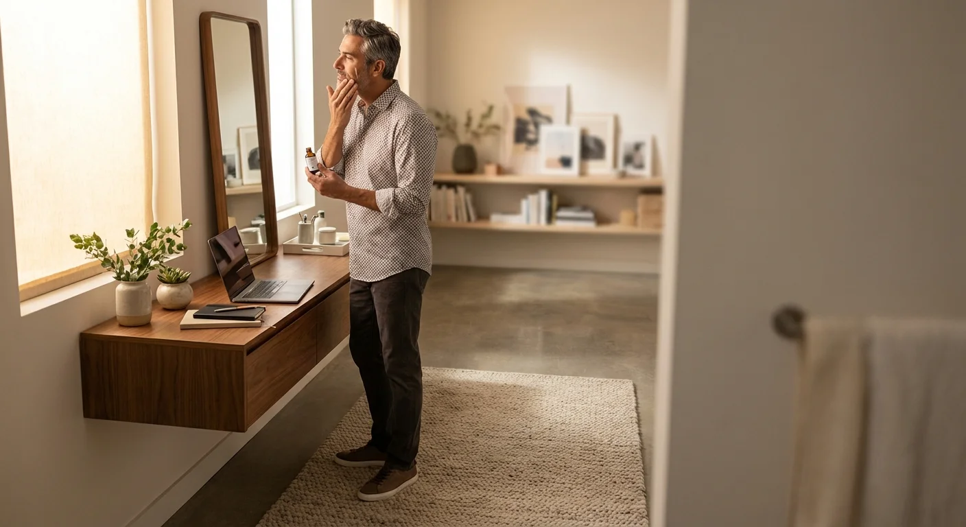 man over 40 applying SkinCeuticals CE Ferulic serum to his face in a modern bathroom mirror