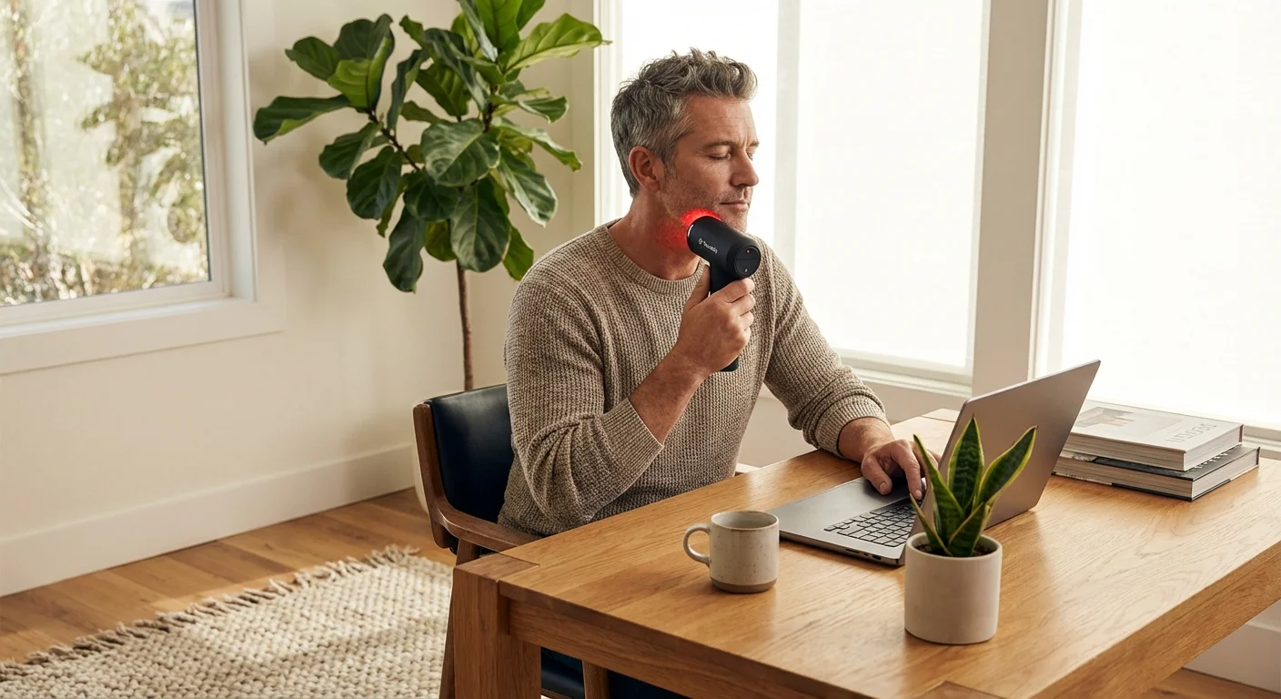 man in his 40s using Therabody TheraFace PRO with LED attachment on his jawline at home