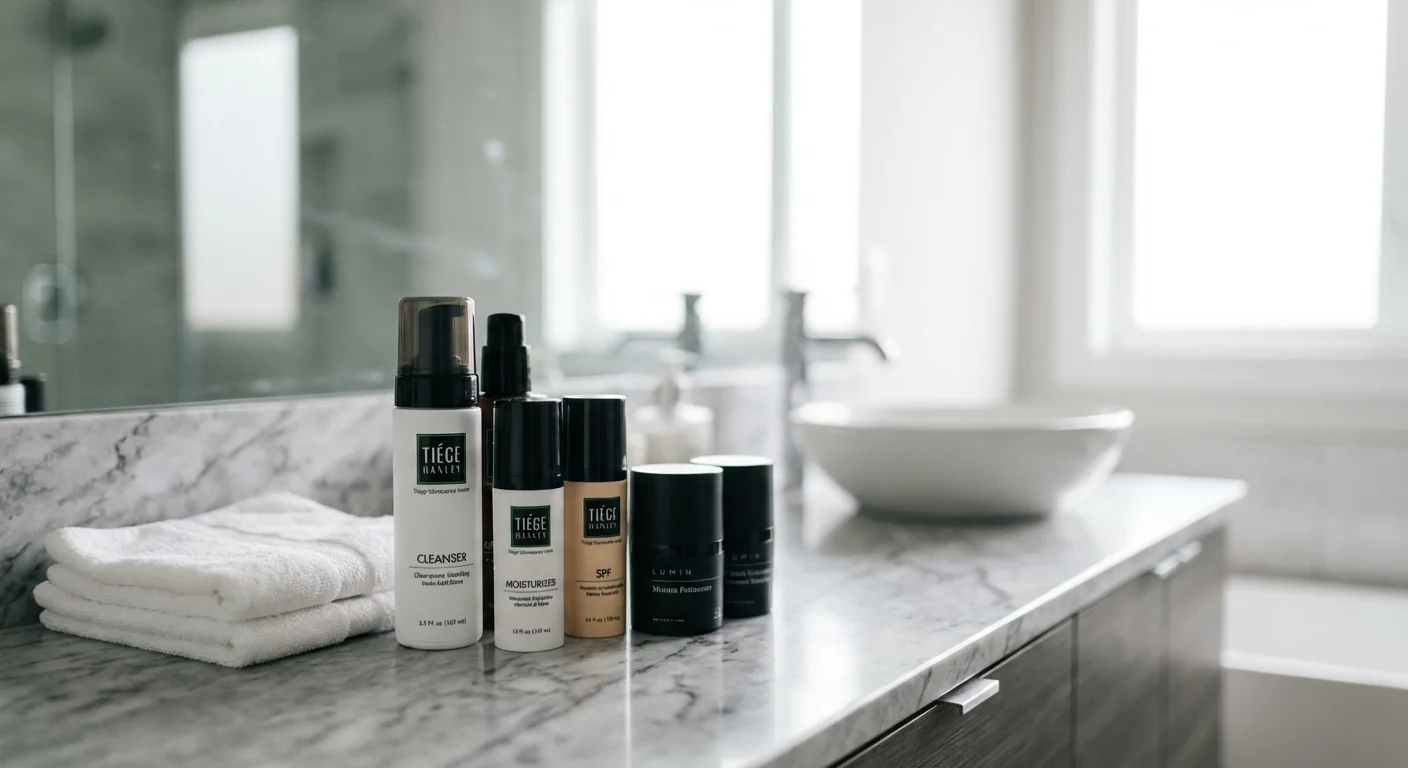 Tiege Hanley and Lumin men's skincare sets with cleanser moisturizer and SPF bottles