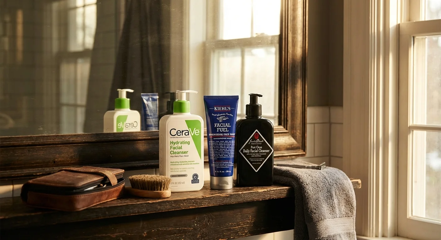 CeraVe Kiehl's and Jack Black men's face wash bottles lined up